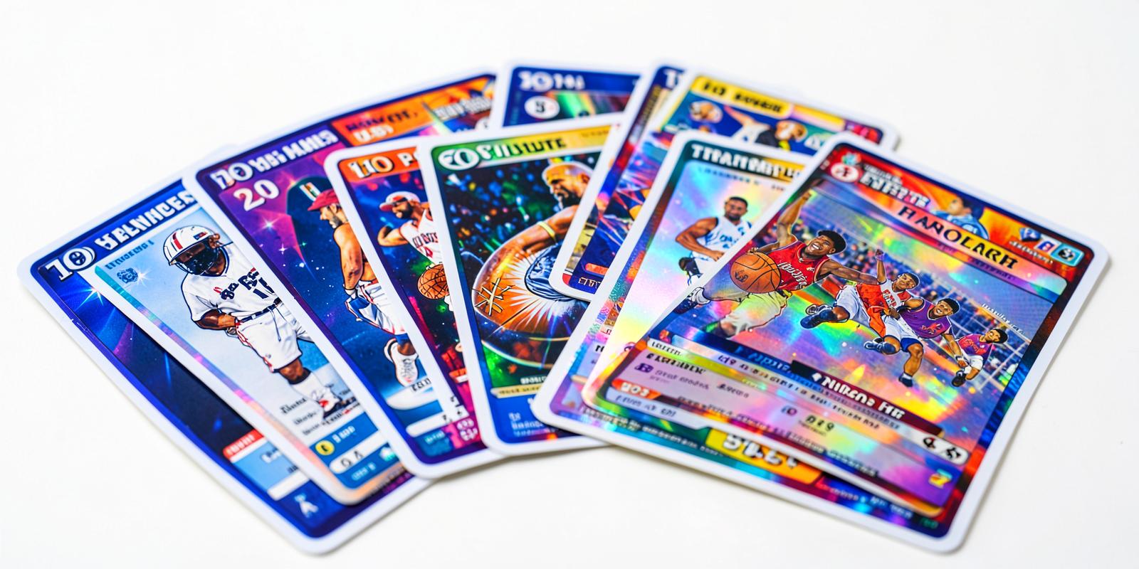 A fanned-out stack of holographic sports and trading card game cards