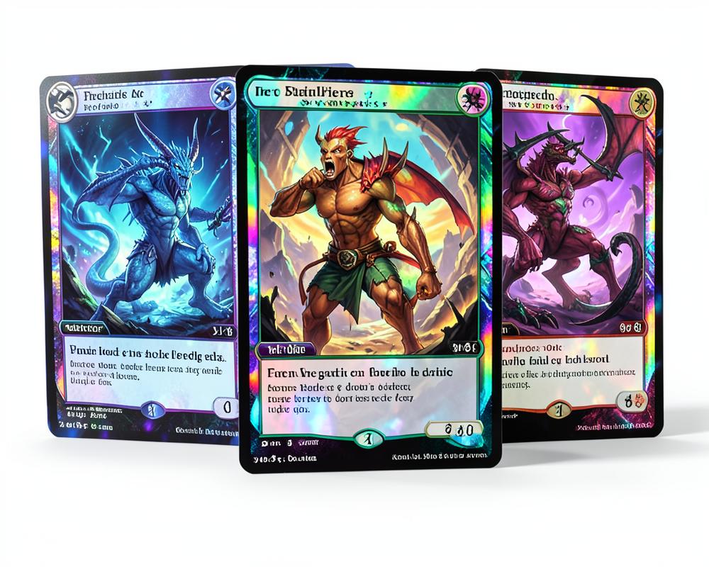 Three illustrated trading card game cards with foil borders